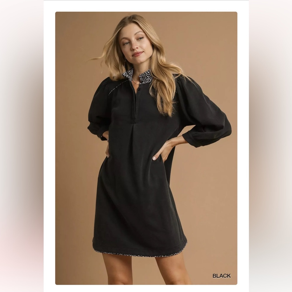 Umgee Black Long Sleeve Dress with Patterned Collar
